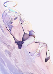 Rule 34 | 1girl, bikini, black bikini, blue archive, breasts, closed mouth, commentary, detached sleeves, halo, headgear, highres, hojiro same, large breasts, long hair, looking at viewer, lying, mechanical halo, navel, noa (blue archive), on side, partially submerged, purple eyes, shorts, smile, solo, swimsuit, thighs, white hair, white shorts