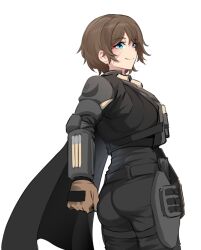 Rule 34 | 1girl, armor, blue eyes, brown hair, cape, commentary, cowboy shot, english commentary, facial scar, gloves, helldiver (helldivers), helldivers (series), highres, k0ng, looking at viewer, looking back, medium hair, scar, scar on cheek, scar on face, simple background, smile, solo, tactical clothes