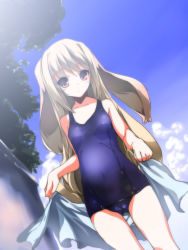 Rule 34 | 1girl, alta, animal ears, blonde hair, rabbit ears, cameltoe, foreshortening, highres, long hair, looking at viewer, one-piece swimsuit, original, oruta (owata saber), school swimsuit, solo, swimsuit, towel, white hair