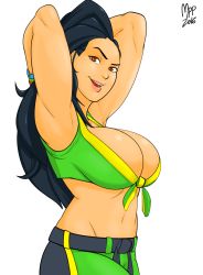 Rule 34 | 1girl, armpits, arms behind head, arms up, asymmetrical hair, black hair, breasts, brown eyes, capcom, cleavage, cornrows, dark-skinned female, dark skin, female focus, front-tie top, highres, large breasts, laura matsuda, long hair, solo, starchy (mrpotatoparty), street fighter, street fighter v, upper body