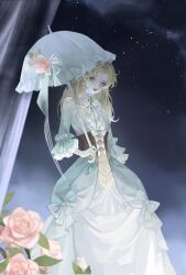 Rule 34 | 1girl, absurdres, audrey hall, beihe221, blonde hair, brown corset, cloud, commentary, corset, dress, earrings, flower, gem, gloves, green dress, green eyes, green gemstone, highres, holding, holding umbrella, jewelry, lips, long dress, long hair, looking at viewer, lord of the mysteries, necklace, night, night sky, outdoors, parasol, parted bangs, parted lips, pearl necklace, pink flower, pink rose, rose, sky, solo, star (sky), starry sky, symbol-only commentary, teeth, umbrella, white gloves