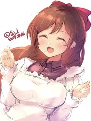 Rule 34 | 1girl, apron, bow, brown hair, collared shirt, commentary request, dress shirt, closed eyes, facing viewer, hair bow, hair ornament, hairclip, highres, kantai collection, kappougi, long hair, mamiya (kancolle), o-sirius, open mouth, pink shirt, shirt, simple background, smile, solo, white background