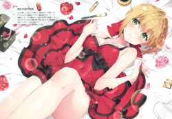 Rule 34 | 1girl, absurdres, ahoge, blonde hair, breasts, cleavage, collarbone, cosmetics, dress, eyeliner, eyeshadow, fate/extra, fate (series), green eyes, highres, jewelry, lens flare, lens flare abuse, light smile, lip balm, lipgloss, lying, makeup, makeup brush, mascara, masuishi kinoto, medium breasts, modern costume of crimson, nail polish, necklace, nero claudius (fate), nero claudius (fate) (all), nero claudius (fate/extra), official alternate costume, on back, red dress, short hair, skirt hold, solo