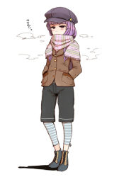 Rule 34 | 1girl, beret, blunt bangs, buttons, coat, cold, contemporary, daitai konna kanji, female focus, full body, hands in pockets, hat, leggings, long shorts, patchouli knowledge, purple eyes, purple hair, scarf, shoes, shorts, simple background, solo, standing, striped, striped leggings, touhou, white background, winter clothes