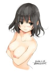 Rule 34 | 10s, 1girl, 2014, black eyes, black hair, blush, breasts, dated, highres, image sample, md5 mismatch, medium breasts, nipples, nude, original, resized, resolution mismatch, simple background, solo, source larger, twitter username, unasaka ryou, upper body, white background
