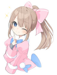 Rule 34 | 1girl, absurdres, blue bow, blue bowtie, blue eyes, blush, bow, bowtie, brown hair, buran buta, buttons, coat, double-breasted, fur-trimmed coat, fur trim, hair between eyes, hat, highres, long hair, looking at viewer, neptune (series), one eye closed, pink coat, pink hat, pom pom (clothes), ram (neptunia), simple background, sketch, smile, solo, upper body, very long hair, white background