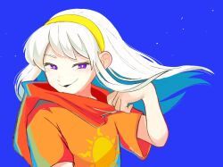 1girl black_lips blue_background closed_mouth dress floating_hair god_tier_(homestuck) hairband half-closed_eyes highres homestuck kl_oekaki long_hair looking_at_viewer orange_dress orange_hood purple_eyes rose_lalonde simple_background smile solo sun_print upper_body white_hair yellow_hairband