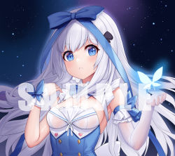 Rule 34 | 1girl, absurdres, allenes, blue bow, blue eyes, bow, breasts, cleavage, commentary request, elbow gloves, gloves, hair bow, hair ornament, highres, long hair, looking at viewer, medium breasts, original, parted lips, sample watermark, single elbow glove, single wrist cuff, sleeveless, solo, spade hair ornament, upper body, very long hair, watermark, white gloves, white hair, wrist cuffs