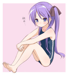 Rule 34 | 1girl, barefoot, blue eyes, blue one-piece swimsuit, border, flat chest, full body, hiiragi kagami, looking at viewer, lucky star, one-piece swimsuit, pink background, purple hair, retsumaru, school swimsuit, sitting, solo, swimsuit, tsurime, twintails, two-tone background, white border