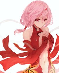 Rule 34 | 10s, 1girl, bare shoulders, breasts, center opening, cleavage, detached sleeves, elbow gloves, fingerless gloves, gloves, guilty crown, hair ornament, hairclip, hands on own chest, highres, kisei2, long hair, looking at viewer, navel, pink hair, red eyes, small breasts, smile, solo, twintails, yuzuriha inori