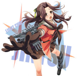 Rule 34 | 10s, 1girl, bad id, bad pixiv id, blush, brown eyes, brown hair, elbow gloves, gloves, highres, jintsuu (kancolle), kantai collection, long hair, open mouth, outstretched arm, personification, school uniform, skirt, solo, tears, umishima senbon