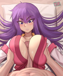 Rule 34 | 1boy, 1girl, arc the lad, bed, bed sheet, blush, breasts, breasts squeezed together, caustic crayon, cleavage, closed mouth, grabbing, grabbing another&#039;s breast, hair between eyes, japanese clothes, kukuru (arc the lad), large breasts, lips, long hair, lying, miko, on back, paizuri, parted lips, penis, pillow, pov, purple eyes, purple hair, straddling, straddling paizuri