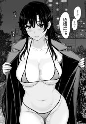 Rule 34 | 1girl, apartment, bikini, blush, breasts, building, city, cleavage, coat, collarbone, commentary request, cowboy shot, flashing, greyscale, highres, hiratsuka shizuka, inanaki shiki, large breasts, long hair, long sleeves, looking at viewer, micro bikini, monochrome, navel, open clothes, open coat, open mouth, opened by self, outdoors, simple background, solo, speech bubble, string bikini, sweat, swimsuit, translated, tree, very long hair, white background, yahari ore no seishun lovecome wa machigatteiru.