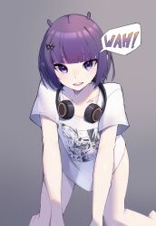 Rule 34 | 1girl, absurdres, all fours, blunt bangs, feet out of frame, goat king, gradient background, grey background, hair ornament, hairclip, highres, hololive, hololive english, looking at viewer, medium hair, naked shirt, ninomae ina&#039;nis, open mouth, purple eyes, purple hair, shirt, short sleeves, solo, speech bubble, virtual youtuber, white shirt