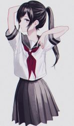 Rule 34 | 1girl, arm behind head, black hair, black sailor collar, black skirt, closed mouth, commentary, grey background, hands up, highres, long hair, looking at viewer, neckerchief, original, p2 (uxjzz), pleated skirt, ponytail, profile, purple eyes, red neckerchief, sailor collar, school uniform, serafuku, shirt, short sleeves, simple background, skirt, solo, standing, white shirt