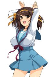 Rule 34 | 1girl, :d, arms up, blue sailor collar, blue skirt, blush, bob cut, bow, breasts, brown eyes, brown hair, caramelldansen, commentary request, cowboy shot, dancing, hair bow, hairband, haruhisky, highres, kita high school uniform, large breasts, long sleeves, looking at viewer, medium hair, neck ribbon, open mouth, orange bow, orange hairband, red bow, red ribbon, ribbon, sailor collar, school uniform, serafuku, simple background, skirt, sleeve cuffs, smile, solo, suzumiya haruhi, suzumiya haruhi no yuuutsu, uniform, white background, yellow hairband