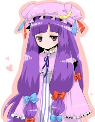 Rule 34 | 1girl, bad id, bad pixiv id, blue bow, blunt bangs, blush, bow, crescent, dress, expressionless, female focus, half-closed eyes, hat, heart, ichihaya, jitome, long hair, long sleeves, looking at viewer, mob cap, multi-tied hair, patchouli knowledge, pink dress, purple eyes, purple hair, red bow, sidelocks, solo, touhou, upper body, very long hair