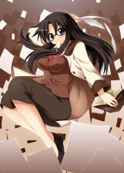 Rule 34 | 00s, 1girl, blue eyes, book, flying paper, glasses, highres, hoppege, long hair, mouth hold, paper, read or die, skirt, solo, yomiko readman