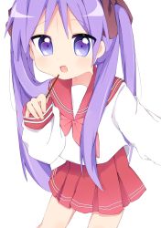 Rule 34 | 1girl, blush, bow, commentary request, eyes visible through hair, food, hair ribbon, highres, hiiragi kagami, holding, holding food, holding pocky, long hair, looking at viewer, lucky star, o0naici0o, open mouth, pocky, purple eyes, purple hair, red bow, red sailor collar, red skirt, ribbon, ryouou school uniform, sailor collar, school uniform, serafuku, simple background, skirt, solo, twintails, white background