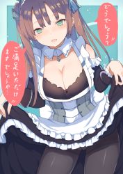 Rule 34 | 1girl, azur lane, black pantyhose, blush, breasts, brown hair, cleavage, clothes lift, collar, corset, detached sleeves, green eyes, hair ribbon, highres, kogalashi, large breasts, lifted by self, maid, newcastle (azur lane), open mouth, panties, pantyhose, pantyshot, ribbon, sidelocks, skirt, skirt lift, smile, solo, speech bubble, translation request, two side up, underwear, victorian maid