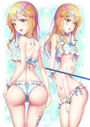Rule 34 | 1boy, ass, ass grab, bare shoulders, bikini, blonde hair, blush, bow, deep skin, from behind, hair bow, highres, huge ass, long hair, looking at viewer, looking back, looking down, multiple views, natsusora wakana, novady, open mouth, original, shiny skin, smile, swimsuit, tattoo, trap, yellow eyes