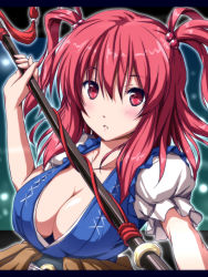 Rule 34 | 1girl, :o, belt, blush, breasts, cleavage, collarbone, hair bobbles, hair ornament, large breasts, letterboxed, lips, looking at viewer, no bra, nori tamago, onozuka komachi, open mouth, parted lips, puffy short sleeves, puffy sleeves, red eyes, red hair, shirt tug, short sleeves, smile, solo, touhou, two side up, upper body