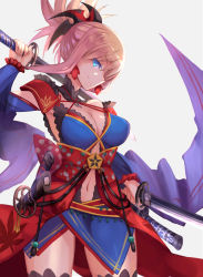 Rule 34 | 1girl, blue eyes, breasts, cleavage, detached sleeves, dual wielding, earrings, fate/grand order, fate (series), folded ponytail, highres, holding, japanese clothes, jewelry, katana, midriff, miyamoto musashi (fate), miyamoto musashi (third ascension) (fate), navel, solo, sword, weapon, wse
