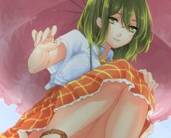 Rule 34 | 1girl, ascot, blue sky, breasts, collared shirt, day, fingernails, from below, green eyes, green hair, hair between eyes, half-closed eyes, hand on own knee, kazami yuuka, large breasts, legs, lips, looking at viewer, looking down, matching hair/eyes, mayoln, orange skirt, out-of-frame censoring, parasol, plaid, plaid skirt, shirt, short sleeves, skirt, sky, smile, solo, thighs, touhou, umbrella, upskirt, unworn vest, white shirt