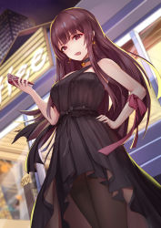 Rule 34 | 1girl, bell, black dress, black pantyhose, building, cellphone, choker, dress, dutch angle, earrings, eyelashes, from below, girls&#039; frontline, hand on own hip, high-low skirt, highres, holding, holding phone, jewelry, jingle bell, liu lan, long hair, looking at viewer, looking down, neck bell, night, official alternate costume, open mouth, outdoors, pantyhose, phone, purple eyes, purple hair, ribbon, sleeveless, sleeveless dress, smartphone, smug, solo, standing, storefront, wa2000 (ballroom interlude) (girls&#039; frontline), wa2000 (girls&#039; frontline), window, wrist ribbon
