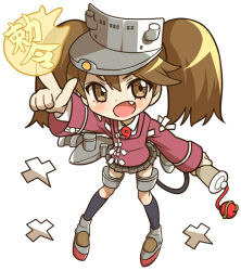 Rule 34 | 1girl, black skirt, blush, brown eyes, brown hair, chibi, fang, full body, hair between eyes, hat, holding, holding scroll, index finger raised, japanese clothes, kantai collection, kariginu, long hair, long sleeves, looking at viewer, magatama, miniskirt, onmyouji, open mouth, pleated skirt, rigging, rudder footwear, ryuujou (kancolle), scroll, shikigami, simple background, skirt, solo, standing, twintails, uousa-ou, visor cap, white background