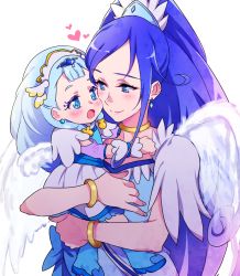 Rule 34 | 10s, 2girls, age difference, angel wings, blue eyes, blue hair, blush, bracelet, carrying, cheek-to-cheek, child, choker, closed mouth, cure ange, cure diamond, dokidoki! precure, earrings, eye contact, heads together, hishikawa rikka, hugtto! precure, jewelry, long hair, looking at another, magical girl, multiple girls, negom, open mouth, ponytail, precure, simple background, smile, tiara, white background, wings, yakushiji saaya, aged down
