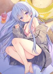 Rule 34 | 1girl, bare legs, bare shoulders, barefoot, beach, bikini, blue hair, blush, closed mouth, collarbone, commentary request, cup, day, disposable cup, drinking straw, frilled bikini, frills, grey jacket, hair between eyes, hand up, highres, hood, hood down, hooded jacket, innertube, jacket, lala tramont, light smile, long hair, long sleeves, lying, off shoulder, on side, open clothes, open jacket, original, outdoors, pink bikini, polka dot, puffy long sleeves, puffy sleeves, purple eyes, sand, sleeves past wrists, solo, swim ring, swimsuit, very long hair, yuuki rika
