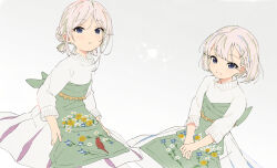 Rule 34 | 2girls, apron, bad source, bird, blue eyes, blush, braid, floral print, gradient background, highres, long skirt, looking at viewer, multiple girls, nekopantsu (blt), original, own hands together, parted lips, partially colored, print apron, short hair, short twintails, skirt, smile, sweater, twintails, white hair