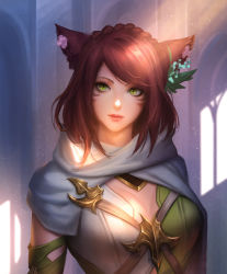 Rule 34 | 1girl, animal ears, warrior of light (ff14), breasts, cat ears, chaosringen, cleavage, closed mouth, commission, day, earrings, facial mark, final fantasy, final fantasy xiv, flower, green eyes, hair flower, hair ornament, highres, indoors, jewelry, light rays, lips, looking at viewer, medium breasts, miqo&#039;te, red hair, scarf, short hair, slit pupils, solo, sunbeam, sunlight, swept bangs, upper body