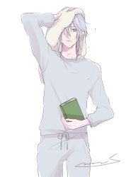 Rule 34 | 1boy, arm up, book, closed mouth, grey pants, grey shirt, highres, holding, holding book, long sleeves, looking at viewer, makishima shougo, male focus, medium hair, one eye covered, pants, psycho-pass, shirt, signature, simple background, solo, srmn, standing, towel, towel on head, white background, white hair, yellow eyes
