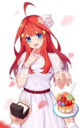 Rule 34 | 1boy, 1girl, ahoge, belt, belt buckle, blue eyes, blush, breasts, buckle, cherry, cowboy shot, dress, finger to mouth, food, fruit, go-toubun no hanayome, hair ornament, head tilt, highres, holding, holding plate, jewelry, long hair, looking at viewer, macaron, nakano itsuki, outstretched hand, petals, plate, pov, red hair, ring, ring box, see-through, short sleeves, sidelocks, simple background, small breasts, solo focus, spoon, star (symbol), star hair ornament, strawberry, wedding band, wedding dress, white background, white dress, wrist cuffs, wujia xiaozi