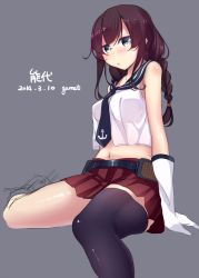 Rule 34 | 10s, 1girl, arm support, between breasts, blush, braid, breasts, brown hair, crop top, crop top overhang, dated, garnet, gloves, green eyes, kantai collection, long hair, midriff, navel, necktie, noshiro (kancolle), personification, school uniform, shiny skin, single thighhigh, skirt, thighhighs, translated, twin braids, white gloves