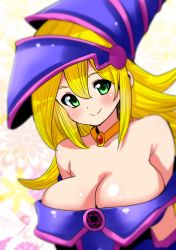 Rule 34 | 1girl, bare shoulders, blonde hair, blurry, blush, breasts, cleavage, dark magician girl, depth of field, duel monster, female focus, flipped hair, floral background, flower, green eyes, hair between eyes, hat, hexagram, jewelry, large breasts, light smile, long hair, looking at viewer, neck ring, necklace, off shoulder, perepere-kun, smile, solo, upper body, yu-gi-oh!