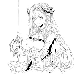 Rule 34 | 1girl, arknights, bare shoulders, breasts, commentary, hairband, holding, holding sword, holding weapon, horns, large breasts, long hair, looking at viewer, monochrome, necktie, pointy ears, saileach (arknights), sleeveless, smile, solo, sword, symbol-only commentary, umiakira0606, upper body, very long hair, weapon