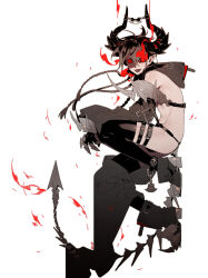 Rule 34 | 1boy, black thighhighs, boots, crossdressing, demon boy, demon horns, demon tail, flaming eye, from side, glowing, glowing eyes, highres, horns, looking at viewer, male focus, open mouth, original, pointy ears, red eyes, red fire, revealing clothes, shiny clothes, skeletal tail, solo, spot color, tail, thigh strap, thighhighs, trap, uhui, white background