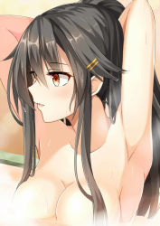 Rule 34 | 10s, 1girl, alternate hairstyle, armpits, arms up, bathing, black hair, breasts, brown eyes, cleavage, collarbone, hair ornament, hairclip, hands in hair, haruna (kancolle), kantai collection, long hair, looking to the side, medium breasts, nude, parted lips, partially submerged, ponytail, rin yuu, sidelocks, solo, steam, upper body, very long hair, water, water drop, wet, wet hair