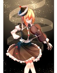 Rule 34 | 1girl, black hat, black skirt, black vest, blonde hair, bow (music), closed eyes, closed mouth, commentary request, crescent, crescent hat ornament, expressionless, feet out of frame, frilled skirt, frills, hair between eyes, hat, hat ornament, highres, holding, holding instrument, holding violin, instrument, juliet sleeves, long sleeves, lunasa prismriver, minuo, music, pillarboxed, playing instrument, puffy sleeves, shirt, short hair, skirt, skirt set, solo, staff (music), touhou, vest, violin, white shirt