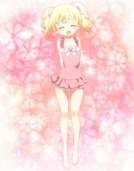 Rule 34 | 10s, 1girl, alice cartelet, barefoot, blonde hair, closed eyes, feet, gradient background, happy, highres, kin-iro mosaic, one-piece swimsuit, screencap, stitched, swimsuit, third-party edit, twintails