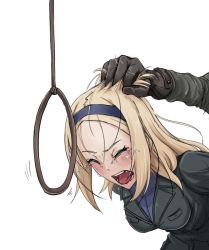 Rule 34 | 1boy, 1girl, aleksandra i. pokryshkin, bent over, blonde hair, blush, brave witches, breasts, btw mikami, closed eyes, crying, execution, forced, grabbing another&#039;s hair, hairband, head out of frame, imminent death, long hair, medium breasts, military, military uniform, noose, open mouth, peril, punishment, restrained, rope, saliva, scared, screaming, shouting, tears, uniform, world witches series