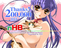 Rule 34 | 1girl, blue hair, breasts, cat, ino (magloid), large breasts, milestone celebration, nude, solo, yellow eyes