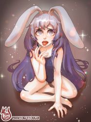 Rule 34 | 1girl, animal ears, artist name, barefoot, blue eyes, rabbit ears, erina (rabi-ribi), feet, female focus, highres, legs, looking at viewer, open mouth, purple hair, rabi-ribi, saliva, saliva trail, signature, sitting, soles, solo, swimsuit, toes, tongue, tongue out, watermark, yeougui