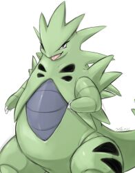 Rule 34 | absurdres, animal focus, artist name, black eyes, bright pupils, claws, creatures (company), dated, fang, game freak, gen 2 pokemon, highres, ingi, looking at viewer, nintendo, no humans, open mouth, pokemon, pokemon (creature), signature, simple background, standing, tongue, tongue out, tyranitar, white background, white pupils