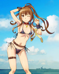 Rule 34 | 1girl, adapted costume, animal collar, armband, belt, bikini, black bikini, blue sky, breasts, brown eyes, brown hair, cloud, collar, commentary request, covered erect nipples, cowboy shot, crescent, day, destroyer, fumizuki (destroyer), fumizuki (kancolle), fumizuki kai ni (kancolle), historical name connection, horizon, kantai collection, leaning forward, long hair, looking at viewer, military, military vehicle, name connection, object namesake, ocean, outdoors, ponytail, sameha ikuya, ship, side-tie bikini bottom, silhouette, sky, small breasts, solo, standing, swimsuit, warship, watercraft, wrist cuffs