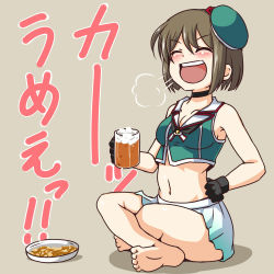 Rule 34 | 10s, 1girl, :d, puff of air, ^ ^, alcohol, bare shoulders, barefoot, beer, beret, black gloves, blush, brown hair, choker, closed eyes, drunk, gloves, hand on own hip, hat, heart, indian style, kantai collection, maya (kancolle), maya kai ni (kancolle), navel, nishi koutarou, open mouth, shirt, short hair, sitting, skirt, sleeveless, sleeveless shirt, smile, solo, translation request