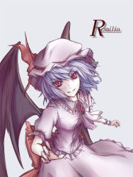 Rule 34 | 1girl, bad id, bad pixiv id, bat wings, blue hair, bow, brooch, character name, cowboy shot, fingernails, frilled shirt, frilled skirt, frills, hacchi (kyo-666), hat, hat bow, jewelry, looking at viewer, mob cap, reaching, red eyes, remilia scarlet, sharp fingernails, shirt, short hair, simple background, skirt, slit pupils, smile, solo, touhou, wings